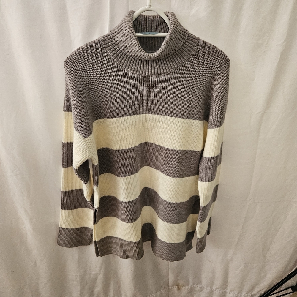 #138 Striped Turtleneck Sweater - Gray and Cream